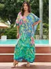 Plus Size Women's V-hals Bohemian Long Dress Kaftan Vibrant Color Swimsuit Cover-Up House Robe Outfit Beach Q1594