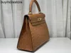 Top Cowhide Handbag Handmade Ostrich Skin 28 Bag with Lock Versatile Genuine Leather Bag with One Shoulder Crossbody Bag BrownYDOV