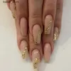 Fałszywe paznokcie 24PCS Proste francuskie fałszywe paznokcie noszenie sztuczne fałszywe paznokcie z klejem długie trumny nacisk na paznokcie złoto proszek