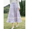 Skirts INMAN Women Skirt 2024 Spring Elastic Waist A-shaped Loose Pleated Stacking Hollow Lace Ruffle Edge Purple White Plaid Dress