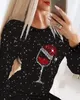 Casual jurken glitter o-neck lange mouw bodycon mini kerstjurk wijn glazen print dames 2024 lente mode