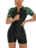 Womens Short Sleeve Swimsuit Rash Guards Wetsuit Floral Print Zipper Surfing Diving Swimming Jumpsuit Swimwear Bathing Suit 240419