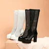 Boots 2024 PU Leather Women Knee High Platform Square Heel Ladies Summer Back Zipper Shoes Big Size 43