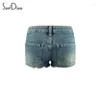 Jeans féminins Soefdioo High Strecth Blue Denim Shorts Woemen Bandage de mode Slim Lift Hip Coltwers Retour 2024 Y2K Harajuku Streetwear