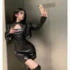 ワークドレス女性ブラックPUレザースリムセクシーなマッチングセット