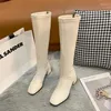 Bottes longues Longueur du genou pour femmes automne hiver 2024 Fashion Square Head en peluche chaleureuse dame épais talons hauts chaussures 35-42