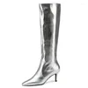 Boots Brand High Women Leather Geneine 2024 Winter Autumn Knee Boot Temple Fashion Cheels Ported Silver White Shoes