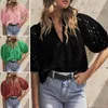 Women's Blouses Women Summer Blouse Casual V-neck Lantern Short Sleeve Shirt Solid Color Hollow Flower Pattern Pullover Tops Streetwear