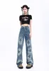 Women's Jeans Summer Straight Cover Meat Chic Women American Style Star Spray Paint Washed Splicing Design Sense High Waist