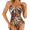 Women's Swimwear Print Fishbone Support V Neck Without Steel Ring Removable Chest Pad Swimsuit Women Bandeau Bikini