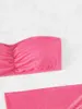 Kvinnors badkläder Sexig Bandeau Bikini 2024 Kvinnor Glänsande rosa plåt Push Up Mesh Kjol 3 -delad baddräkt Baddräkt täcker hög midja
