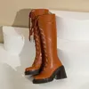 Stövlar Simloveyo Womens Knee High 36cm Platform 3cm Chunky Heels 9,5 cm Square Toe Lace-up Solid Casual Warm Pur Winter Boot S4189