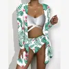 Women's Swimwear 2024 Mesh Three Piece Sunscreen Digital Print Loose Top