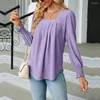 Women's Blouses Women T-shirt Spring Autumn Elegant Square Neck Tops Solid Color Jacquard Collar Blouse Puff Long Sleeve Pullover