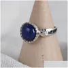 Clusterringe FNJ 925 Sier Round Lapis Ring für Frauen Schmuck Original reiner S925 Sterling Natural Blue Stone Drop Lieferung DHYK1