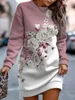 Casual Dresses Autumn Winter Fashion Print Sweatshirt Dress For Women Long Sleeve Oversize Crew Neck Floral Ladies