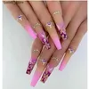 False Nails 24Pcs Long Coffin False Nails Ballet French with Rhinestones Wearable Fake Nails Blue Flower Full Cover Press on Nails Tips Art Y240419 Y240419