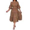 Casual klänningar Löst midja klänning Elegant A-linje MIDI med puffhylsor bälte midje mjuka lapptäcke veckor för kvinnor fast färg hälften