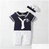 Rompers Baby Navy Romper Summer Born Kids Boys Girls Girls Sailor Drombsuit Hat 2pcs Body с короткими рукава