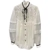 Kvinnors blusar Borvemays 2024 Autumn White Shirt Elegant Mesh Patchwork Stand Collar Long Sleeve Single-Breasted Pleated WZ5079