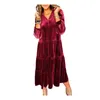 Casual jurken vrouwen A-lijn fluwelen jurk patchwork MIDI met lange mouw v nek zachte warme stevige kleur zoom voor elegant