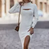 Lässige Kleider Herbst Winter Mode gestrickt ausschneiden lange Midi Kleid sexy Solid Office Dame Pullover Slim Fit Sleeve süß 30513