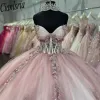 홍당무 핑크 연인 환상 구슬 구슬 가운 가운 Quinceanera 드레스 3D 꽃 아플리케 스위트 16 vestidos de 15 anos