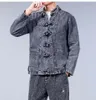 Hanfu costume de style chinois hommes cowboy sets masculin tendance printemps automne version lâche à manches longues en tang en denim vesteaux 240415