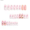 False unhas 24pcs pêssego rosa unhas falsas com strass 3D Design de unhas falsas para mulheres unhas artificiais vestíveis Pressione nas unhas y240419 y240419