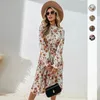 Casual Kleider Frauen floral bedruckt Langarm Schnüren halb hoher Nackenkleid Vintage Frühling und Herbst