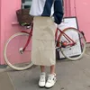 Skirts Gray Drawstring Split Long Skirt Street Women High Waist Fashion Korean Basic Cargo Lady Harajuku Y2K Outfits Kawaii