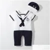 Rompers Baby Navy Romper Summer Born Kids Boys Girls Sailor Jumpsuit Hat 2st Body Short Sleeve Anchor Printed Suit 230812 Drop Deli DHF8J