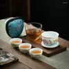 Teaware Sets Chinese-Chic Style Sheep Fat Jade Express Cup Outdoor Ceramic Glass One Pot 3 Cups Kungfu Travel Tea Set Outfit