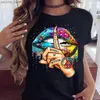 Women's T-Shirt Women Tops O-neck Sexy Black Ts Lip Funny Summer Female Soft T Shirt Lips Watercolor Graphic T Shirt Top9180 Y240420