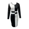 Casual Dresses Women Dress Elegant Colorblock Long Sleeve Midi For Slim Fit Sheath High Waist Commute Formal Knee Length