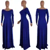 Lässige Kleider blaue A-Linie-Party-Abendkleid Frau Elegante hohe Taille Langarm Big Swing Prom Kleid formeller Nachtclub Split Maxi