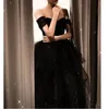 Feestjurken klassieke zwart formele avondlaags jurk boot nek riem riem cocktail vrouwen mesh prom ball jurk vestidos