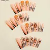 False Nails 24st Pumpkin Printed Fake Nails Halloween Long Coffin Ballet Acrylic Nail Tips för Halloween Manicure Decoration Supplies Y240419 Y240419