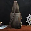 Waist Bags Men Soft Real Leather Retro Coffee Chest Sling Bag Brown 8" Tablet Water Design Travel Daypack One Shoulder For Male B574