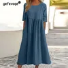 Kvinnor Summer Vintage Simple Casual Streetwear Cotton Linen Dresses Solid SHORT SLEEVE PLEATED SUPPED STRACH MIDI DRESS VESTIDO 240409