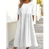 Kvinnor Summer Vintage Simple Casual Streetwear Cotton Linen Dresses Solid SHORT SLEEVE PLEATED SUPPED STRACH MIDI DRESS VESTIDO 240409