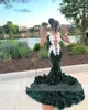 Mörkgröna paljetter Sheer O Neck Long Prom Dress for Black Girls 2024 Sequined Birthday Party Dresses Applices Aftonklänningar Mermaid Robe de Bal