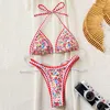 Arxipa sexy bikinis traje de baño de dos piezas para mujeres traje de baño de corte alto empuje empuje de la playa estampado de flores halter halter triangular brasileño mini tuberías sin respaldo