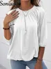 Women's Blouses Spring Autumn Solid Color Half Sleeve T-Shirts Shrinkage Folds O-Neck T Shirt 2024 Ladies Casual Loose Street Tops