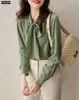 Damesblouses groen 2024 vrouwen herfst lange mouw elegante kantoor dame werk button shirt casual veter stropdas tops en