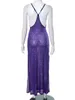 Повседневные платья роскошные блестки женщины 2024 Сексуальные без рукавов с двумя сторонами прозрачное прозрачное пурпурное летнее платье.