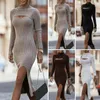 Lässige Kleider Frauen Retro-Kleider eleganter Frauen gestrickt mit halbhohen Kragen gestreiftes Detail Schleiche Fit Taille Weich für Damen