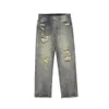 Network Picture: High Street American Style Washed and Distressed Jeans, Men's Loose Hip-hop Straight Leg Pants with A Sense of Drape