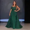 Dark Green Off the Shoulder Evening Dresses Mermaid Side Split Evening Gown with Detachable Train Beading Pleat Womens Special Occasion Dress