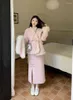 Work Dresses Chinese Sweet Girl Suit For Women's Winter Plush Patchwork Woolen Jacket Split Long Skirt Two-piece Set Fashion Female Clothes